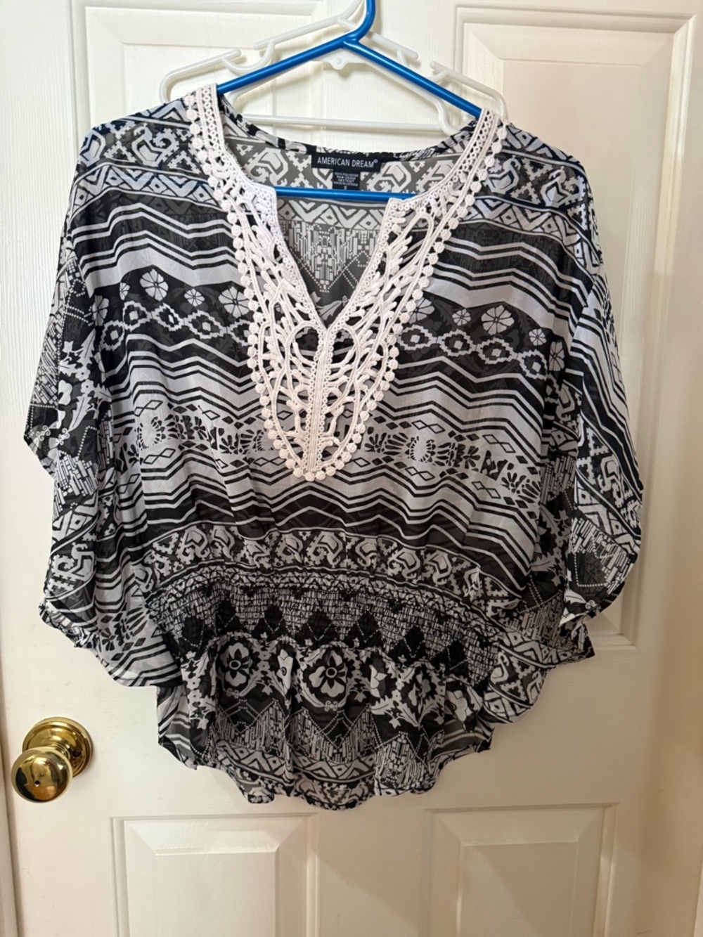 American Dream Black & White Geometric Crochet-Trim Tunic